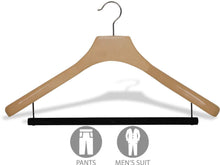 Load image into Gallery viewer, Discover deluxe wooden suit hanger with velvet bar natural finish chrome swivel hook large 2 inch wide contoured coat jacket hangers set of 24 by the great american hanger company