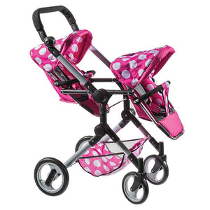 Lissi Modern Twin Doll Double Stroller Pink with Pink Trim and White Dots