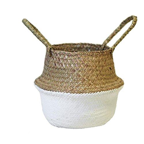 Longay Handmade Straw Basket Wicker Basket Flowers Pot for Storage Garden Home Decor (White)
