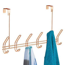 Load image into Gallery viewer, Home interdesign classico over door storage rack organizer hooks for coats hats robes clothes or towels 6 dual hooks copper