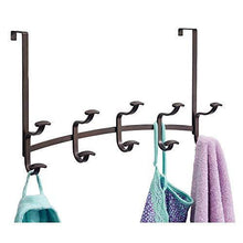Load image into Gallery viewer, Top mdesign decorative metal over door 10 hook steel storage organizer rack for coats hoodies hats scarves purses leashes bath towels robes for mens and womens clothing bronze
