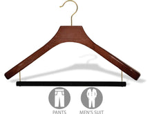 Load image into Gallery viewer, Discover the deluxe wooden suit hanger with velvet bar walnut finish brass swivel hook large 2 inch wide contoured coat jacket hangers set of 12 by the great american hanger company