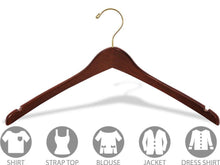Load image into Gallery viewer, Top the great american hanger company curved wood top hanger box of 100 17 inch wooden hangers w walnut finish brass swivel hook notches for shirt jacket or coat