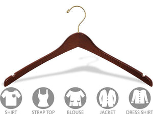 Top the great american hanger company curved wood top hanger box of 100 17 inch wooden hangers w walnut finish brass swivel hook notches for shirt jacket or coat