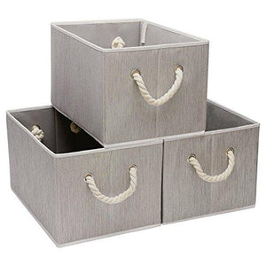 StorageWorks Polyester Storage Box with Strong Cotton Rope Handle, Foldable Basket Organizer Bin, Gray, Bamboo Style, Jumbo, 3-Pack