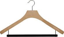 Load image into Gallery viewer, Buy now deluxe wooden suit hanger with velvet bar natural finish chrome swivel hook large 2 inch wide contoured coat jacket hangers set of 24 by the great american hanger company
