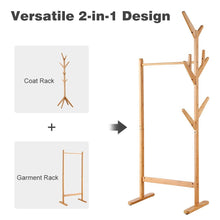 Load image into Gallery viewer, Great langria single rail bamboo garment rack with 8 side hook tree stand coat hanger and four stable leveling feet for jacket umbrella clothes hats scarf and handbags natural wood finish