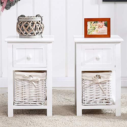 2 Nightstand Bedside Tables 2 Tiers 1 Drawer Bedside End Table Organizer 1 Baskets Floating Modern Nightstand Small Super Cute Bedroom End Bedside Tables Bedroom Night Stands Sets Vintage (White)