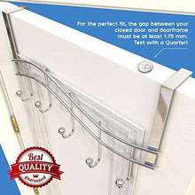 Load image into Gallery viewer, Save on over the door rack with hooks 5 hangers for towels coats clothes robes ties hats bathroom closet extra long heavy duty chrome space saver mudroom organizer by kyle matthews designs