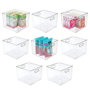 mDesign Plastic Food Storage Container Bin with Handles - for Kitchen, Pantry, Cabinet, Fridge/Freezer - Large Organizer for Snacks, Produce, Vegetables, Pasta - BPA Free, 10" Square, 8 Pack - Clear