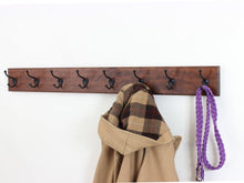Load image into Gallery viewer, Try solid cherry wall mounted coat rack with oil rubbed bronze wall coat hooks 4 5 utra wide rail made in the usa mahogany 52 x 4 5 ultra wide with 10 hooks