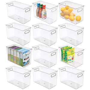 mDesign Plastic Food Storage Container Bin with Handles - for Kitchen, Pantry, Cabinet, Fridge/Freezer - Narrow for Snacks, Produce, Vegetables, Pasta - BPA Free, Food Safe - 12 Pack - Clear