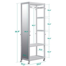 Load image into Gallery viewer, Great free standing armoire wardrobe closet with full length mirror 67 tall wooden closet storage wardrobe with brake wheels hanger rod coat hooks entryway storage shelves organizer ivory white