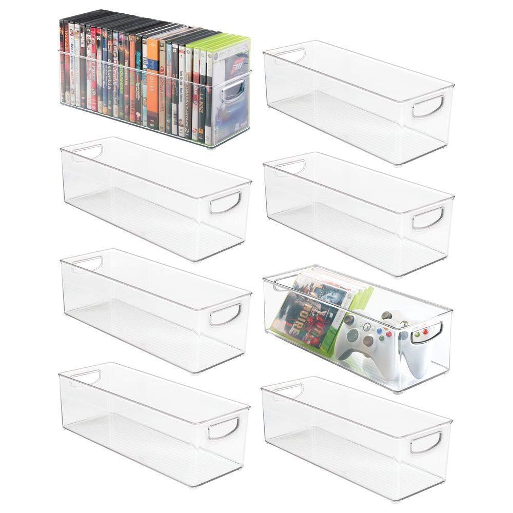 mDesign Plastic Stackable Household Storage Organizer Container Bin with Handles - for Media Consoles, Closets, Cabinets - Holds DVD's, Video Games, Gaming Accessories, Head Sets - 8 Pack - Clear