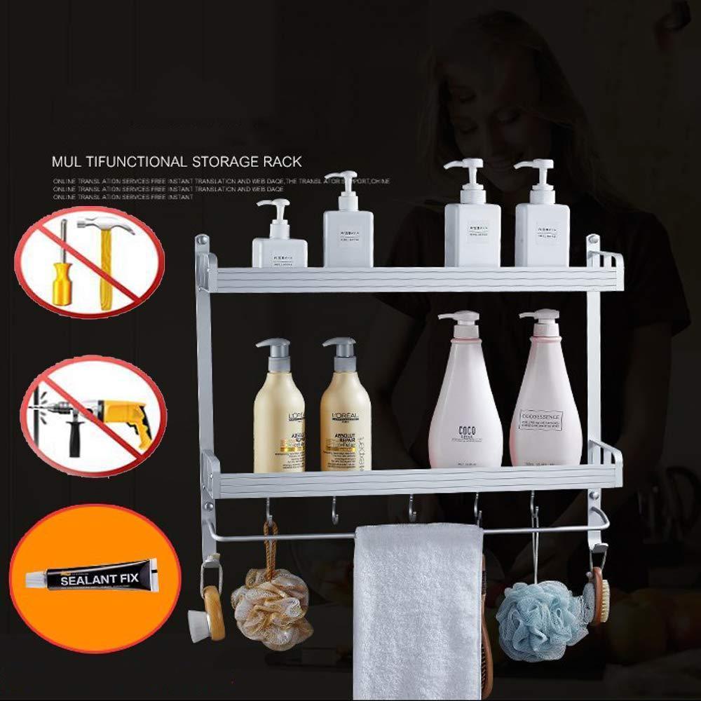 2 Layer Space Aluminum Bathroom Corner Shelf Shower Caddy Shampoo Soap Cosmetic Storage Basket Kitchen Spice Rack Holder Organizer with Towel Bar and Hooks (Rectangle-Double)