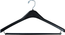Load image into Gallery viewer, Buy the great american hanger company heavy duty black plastic suit hanger with locking wooden pant bar box of 100 1 2 inch thick curved hangers for uniforms and coats