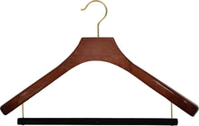 Load image into Gallery viewer, Discover deluxe wooden suit hanger with velvet bar walnut finish brass swivel hook large 2 inch wide contoured coat jacket hangers set of 12 by the great american hanger company