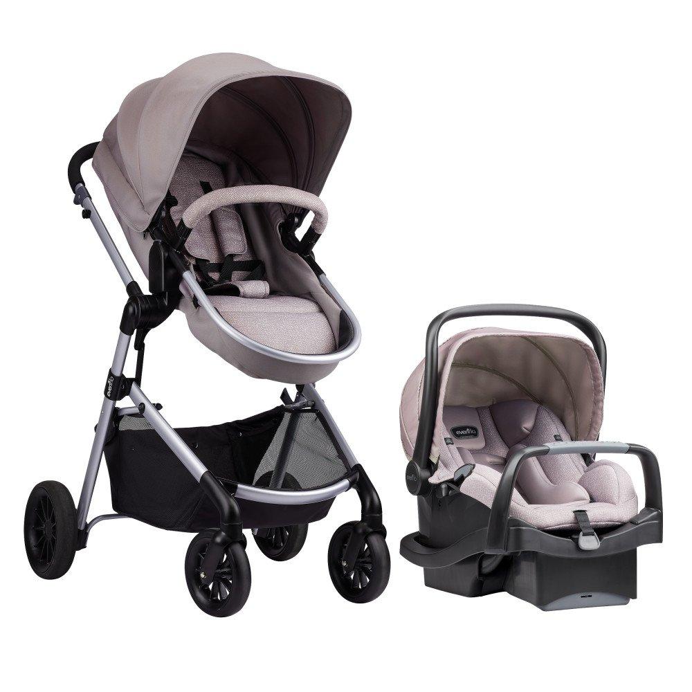 Evenflo Pivot Modular Travel System, Lightweight Baby Stroller, Sleek & Versatile, Easy Infant Car Seat Transfer, Oversized Storage Basket, Blanket Boot, Travel Stroller, 3-Panel Canopy, Sandstone Tan