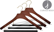 Load image into Gallery viewer, Discover the best deluxe wooden suit hanger with velvet bar walnut finish brass swivel hook large 2 inch wide contoured coat jacket hangers set of 12 by the great american hanger company