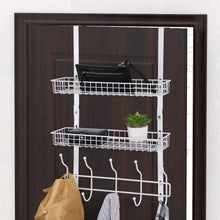 Load image into Gallery viewer, Shop nex upgrade over the door hook shelf organizer 5 hooks with 2 baskets storage rack for coats towels chrome white