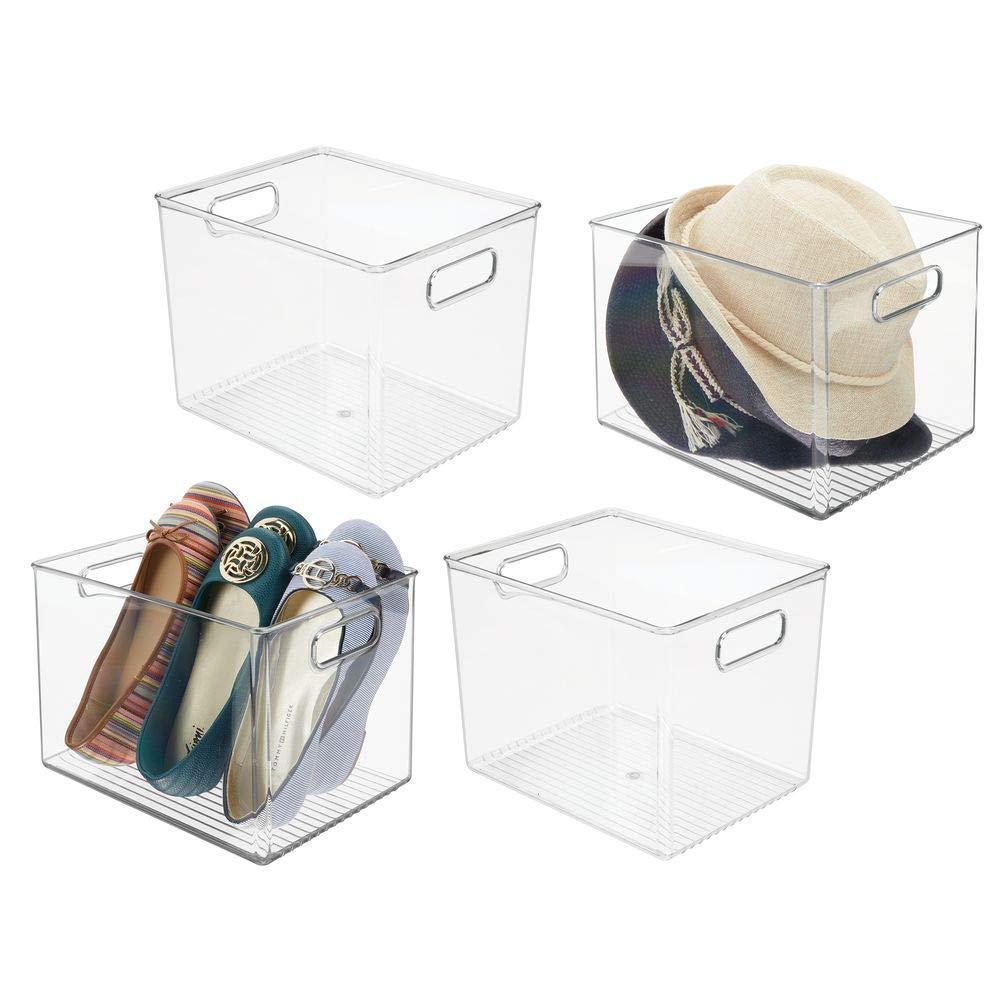 mDesign Plastic Home Storage Basket Bin with Handles for Organizing Closets, Shelves and Cabinets in Bedrooms, Bathrooms, Entryways and Hallways - 4 Pack - Clear