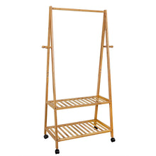 Load image into Gallery viewer, Select nice songmics rolling coat rack bamboo garment rack clothes hanging rail with 2 shelves 4 hooks for shoes hats and scarves in the hallway living room guest room