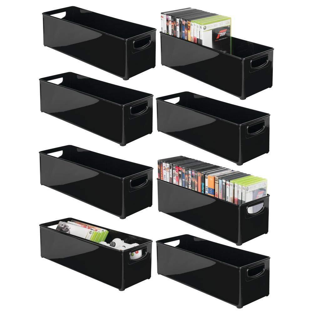 mDesign Plastic Stackable Household Storage Organizer Container Bin with Handles - for Media Consoles, Closets, Cabinets - Holds DVD's, Video Games, Gaming Accessories, Head Sets - 8 Pack - Black