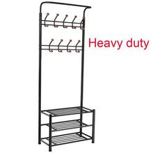 Load image into Gallery viewer, Budget fyheart heavy duty coat shoe entryway rack with 3 tier shoe bench shelves organizer with coat hat umbrella rack 18 hooks for hallway entryway metal black