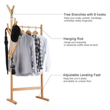 Load image into Gallery viewer, Get langria single rail bamboo garment rack with 8 side hook tree stand coat hanger and four stable leveling feet for jacket umbrella clothes hats scarf and handbags natural wood finish