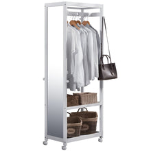Load image into Gallery viewer, Featured free standing armoire wardrobe closet with full length mirror 67 tall wooden closet storage wardrobe with brake wheels hanger rod coat hooks entryway storage shelves organizer ivory white