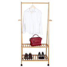 Load image into Gallery viewer, Storage songmics rolling coat rack bamboo garment rack clothes hanging rail with 2 shelves 4 hooks for shoes hats and scarves in the hallway living room guest room
