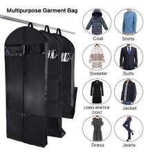 Load image into Gallery viewer, Related wanapure 60 54 43 garment bags 3 in 1 suit bag with 2 large mesh shoe pockets and accessories pocket trifold suit cover for dress coat jacket closet storage or travel set of 2 black