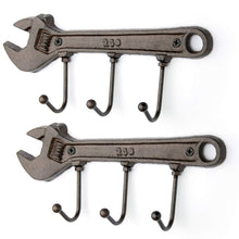 Load image into Gallery viewer, Products antique key holders wrench triple wall hooks decorative vintage coat hat hooks rack hangers heavy duty cast iron retro storage organizer with rustic hooks brown 2 pack