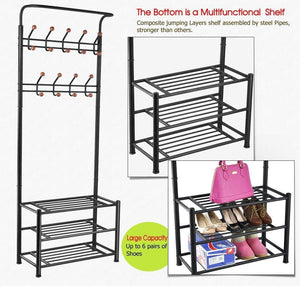 Cheap finefurniture entryway coat and shoe rack with 18 hooks and 3 tier shelves fashion garment rack bag clothes umbrella and hat rack with hanger bar