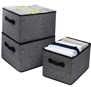 Homyfort Cloth Collapsible Storage Bins Cubes 15.7"x11.8"x9.8", Linen Fabric Basket Box Cubes Containers Organizer for Closet Shelves with Leather Handles Set of 3 Grey