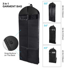 Load image into Gallery viewer, Select nice wanapure 60 54 43 garment bags 3 in 1 suit bag with 2 large mesh shoe pockets and accessories pocket trifold suit cover for dress coat jacket closet storage or travel set of 2 black