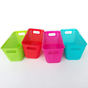 Plastic Baskets Pantry Organization and Storage Kitchen Cabinet Spice Rack Organizer for Food Shelf Small Colorful Rectangle Tray Organizing for Desks Drawers Weave Deep Closets Art Lockers Set of 4