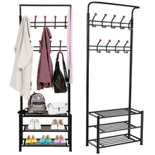 Load image into Gallery viewer, Discover the fyheart heavy duty coat shoe entryway rack with 3 tier shoe bench shelves organizer with coat hat umbrella rack 18 hooks for hallway entryway metal black