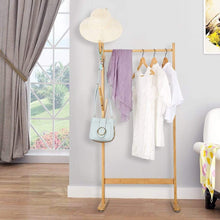 Load image into Gallery viewer, Explore langria single rail bamboo garment rack with 8 side hook tree stand coat hanger and four stable leveling feet for jacket umbrella clothes hats scarf and handbags natural wood finish
