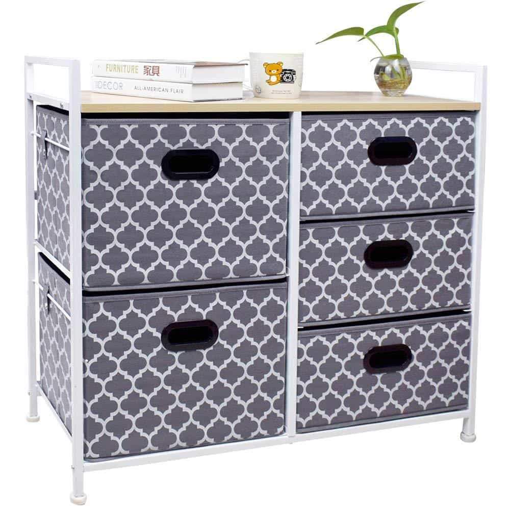 Wide Dresser Storage Tower 5 Drawer Chest, Sturdy Steel Frame, Wood Top, Easy Pull Fabric Bins,Organizer Unit for Bedroom, Playroom, Entryway, Closets, Lantern Printing Gray/White