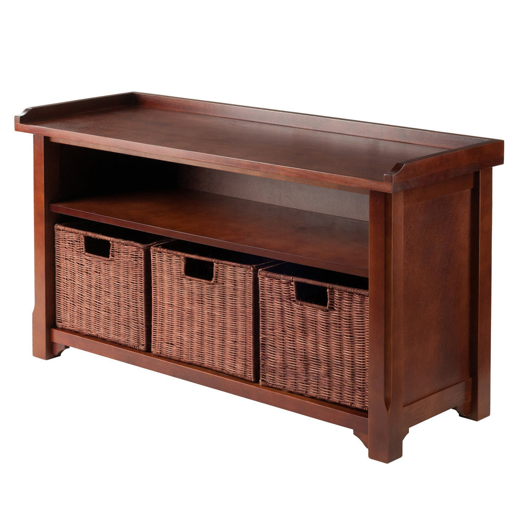 Winsome Wood MilanWood Storage Bench in Antique Walnut Finish with Storage Shelf and 3 Rattan Baskets in Antique Walnut  Finish