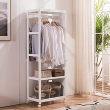 Load image into Gallery viewer, Heavy duty free standing armoire wardrobe closet with full length mirror 67 tall wooden closet storage wardrobe with brake wheels hanger rod coat hooks entryway storage shelves organizer ivory white