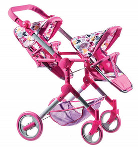 Lissi Modern Twin Doll Double Stroller White with Pink Trim and Hearts