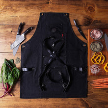 Load image into Gallery viewer, Kitchen dalstrong professional chefs kitchen apron sous team 6 heavy duty waxed canvas 5 storage pockets towel tong loop liquid repellent coating genuine leather accents adjustable straps