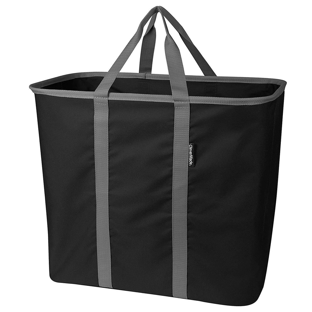 CleverMade Collapsible Laundry Tote, Large Foldable Clothes Hamper Bag, LaundryCaddy CarryAll XL Pop Up Storage Basket with Handles, Black/Charcoal