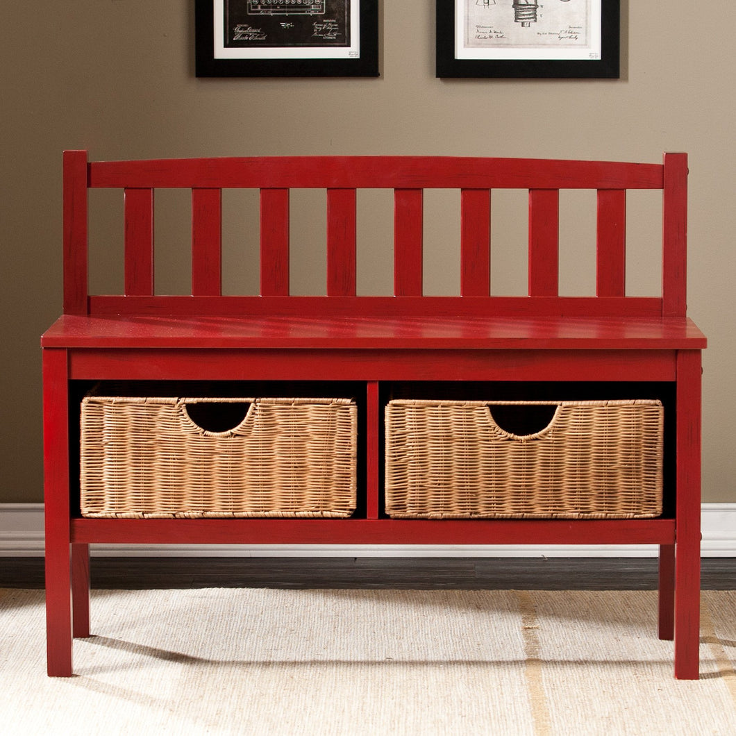 April Bold Red Finish with Storage Baskets Pine Bench