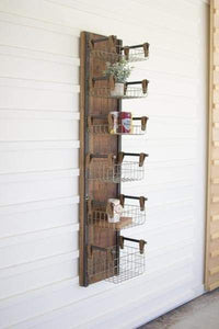 Recycled Wood Metal Wall Rack with Six Wire Storage Baskets