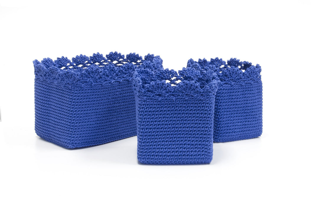 Mode Cr.Set/3 Basket W/Crochet Trim, Cobalt Blue