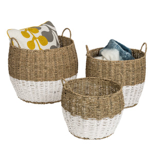 Set of 3 Round Nesting Seagrass 2-Color Storage Baskets with Handles, Natural & White