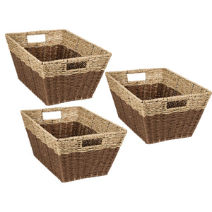 Set of 3 Rectangle Nesting Seagrass 2-Color Storage Baskets with Built-In Handles, Natural & Brown